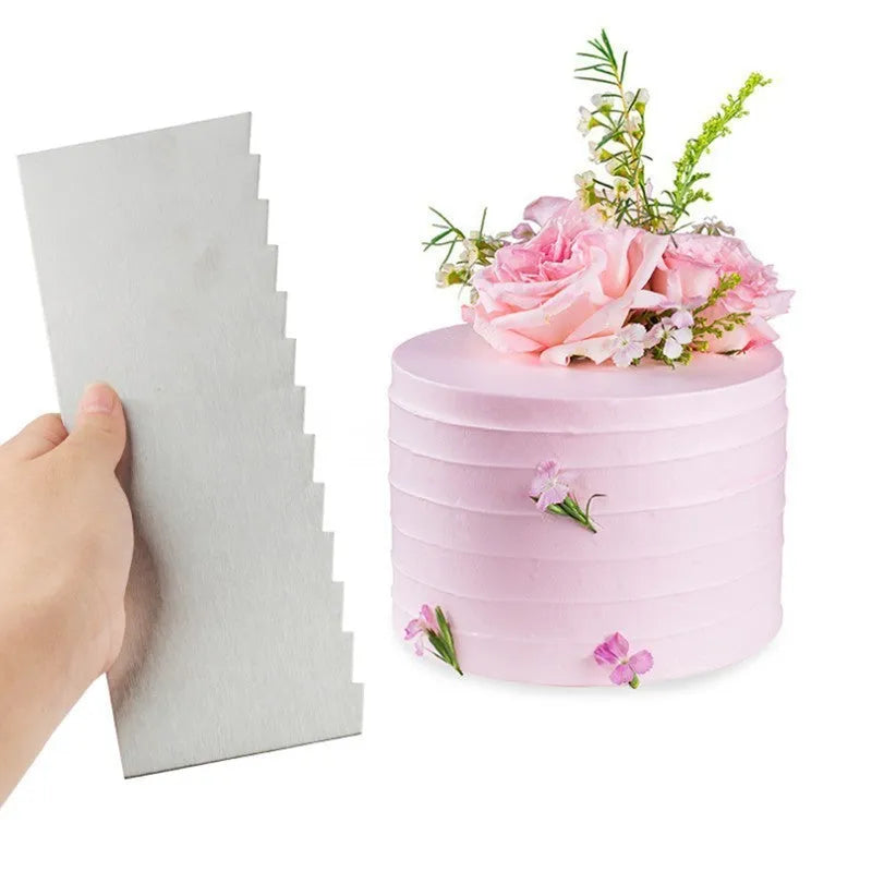 Stainless steel cake scraper with a polygon patterned blade for icing and filling work.