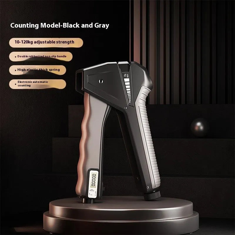 Adjustable hand gripper strength trainer with mechanical counter display, shown in orange colour.