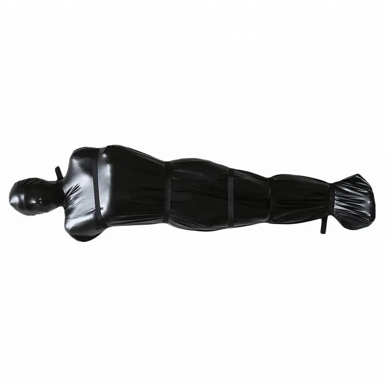 Black patent leather bondage kit with full-coverage garment and six ratchet tie-down straps