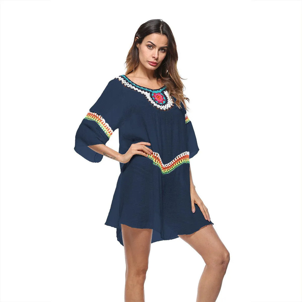Crocheted ethnic style beach cover-up in polyester fabric for sun protection during swimming