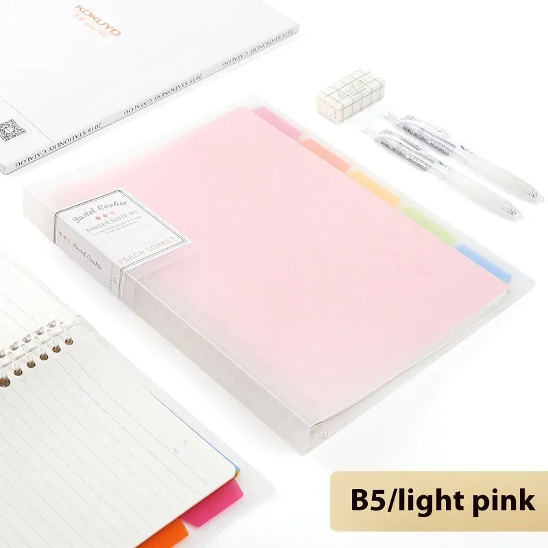 Loose-leaf spiral notebook with PP cover open, showing raw wood pulp pages in A5 or B5 size.