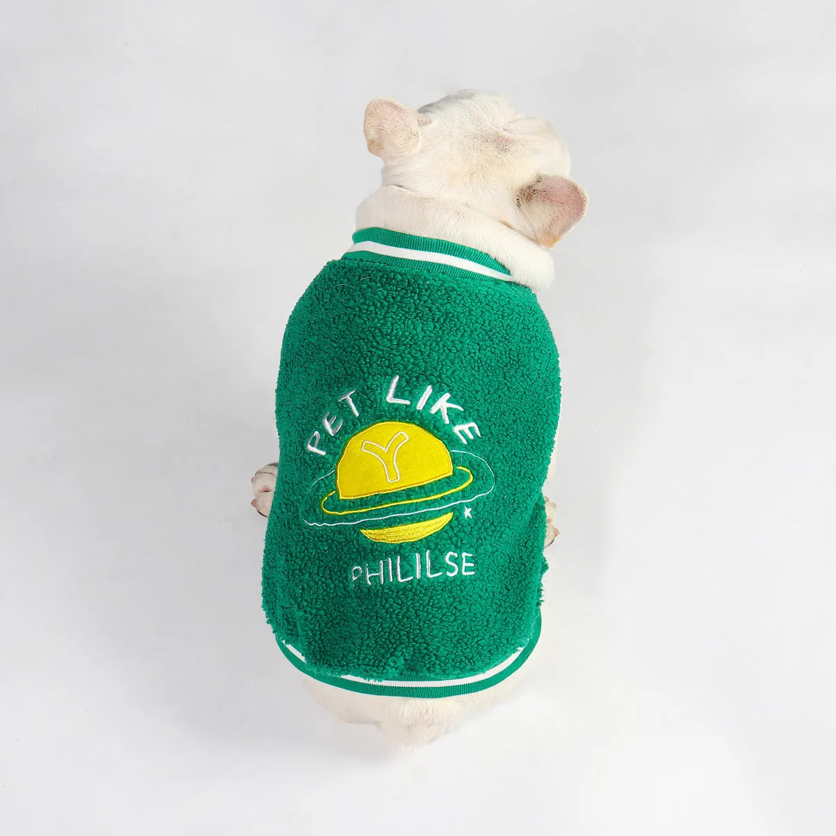 Green fleece-lined cotton dog clothing for winter wear in multiple sizes