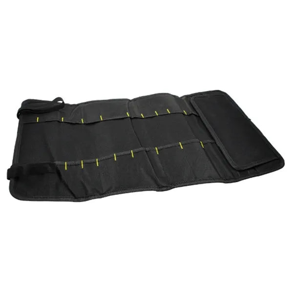 Portable multifunctional reel type hardware tool bag in 600D Oxford cloth, rolled up with buckle closure