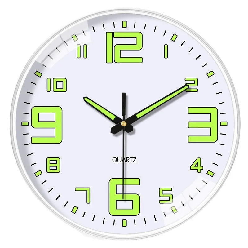 20cm round modern wall clock with luminous dial and black Arabic numerals on white face