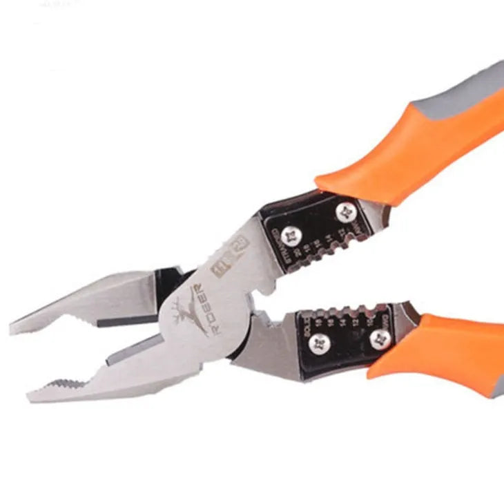 Orange-handled 9-inch multi-function wire cutter pliers with chrome steel head for cutting and stripping wire.