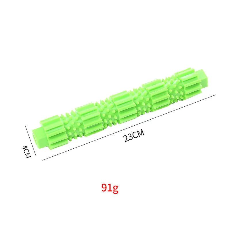 Green and orange rubber dog chew toy with treat dispensing opening and textured teeth cleaning surface