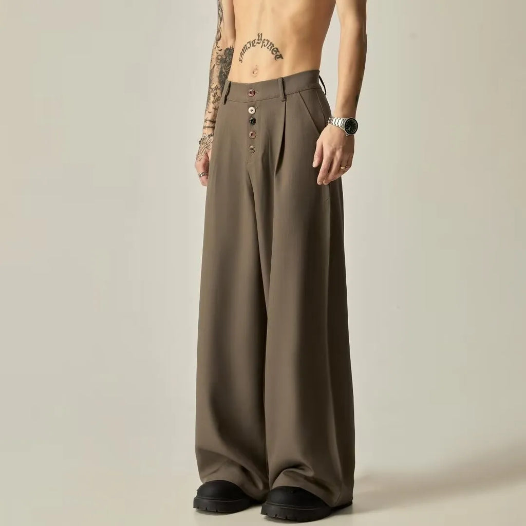 Men's black wide-leg casual trousers with elasticated mid waist and button fly in polyester-cotton blend fabric