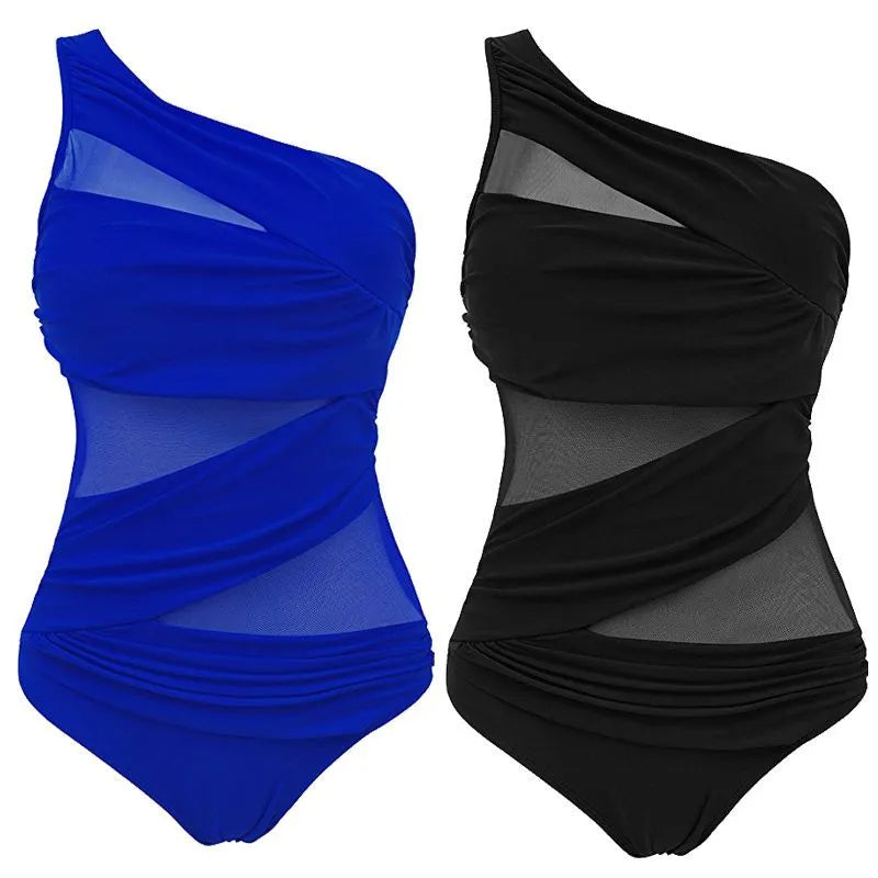 Women's plus size one-piece swimsuit in black solid colour with chest pads nylon fabric