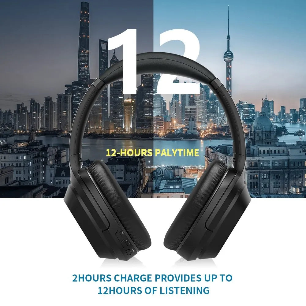 Black Gorsun E98 over-ear wireless Bluetooth headphones showing padded headband and memory-protein ear cushions