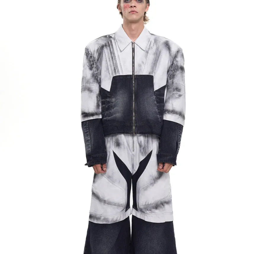 Men's short leather patchwork denim coat with hand-painted spray details, front zip, and lapel collar