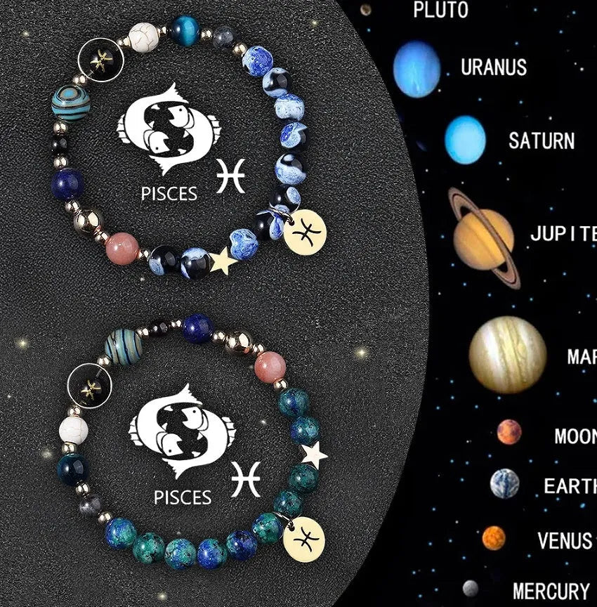 Two natural stone beaded bracelets showing Chinese zodiac animal signs including dragon and rabbit symbols