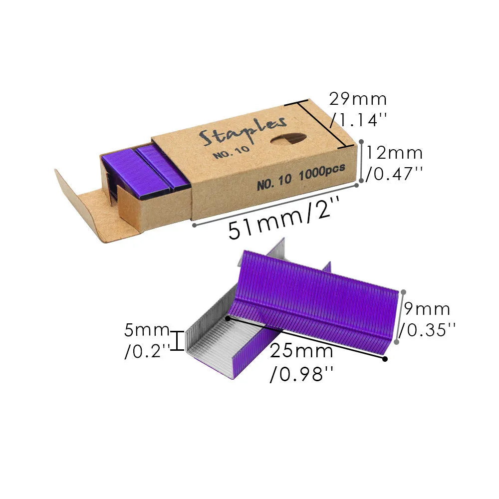 Box of 1000 metal staples for stapler refill in rose gold, black, purple, and rose red colour options.