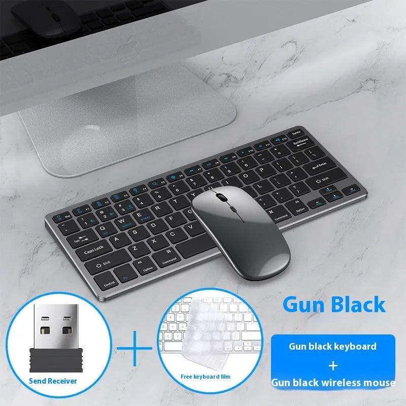 Ultra-thin black wireless keyboard and mouse set with receiver and cover on a desk