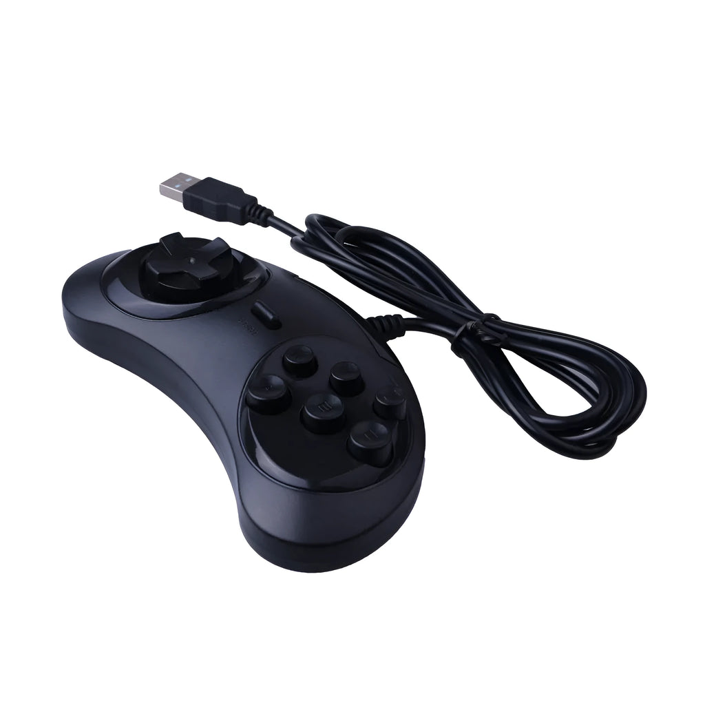 Black Sega USB PC game controller with long cable on a white background