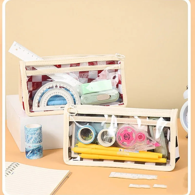 Transparent PVC pencil case with chessboard grid pattern, dimensions 21.5 x 8 x 11.5 cm