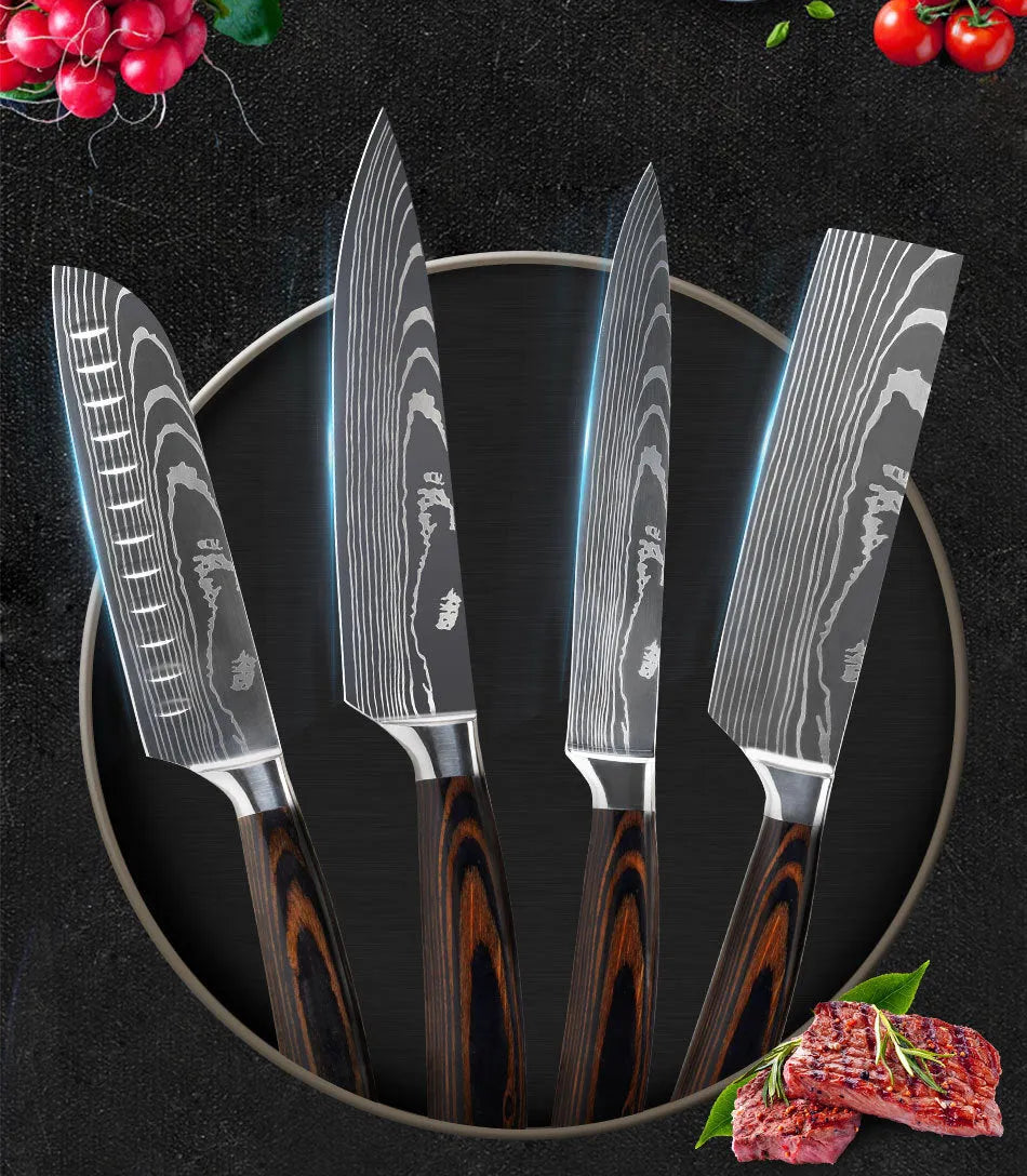 Chef knife with laser Damascus pattern blade, colour steel handle, showing 18cm blade length