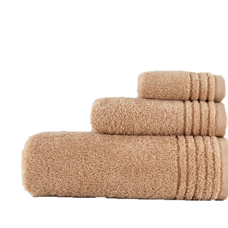 Cotton towel set in beige and brown with 395 GSM weight including bath towel, hand towel, and face cloth