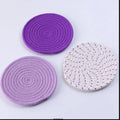 Set of three round cotton cord coasters in blue colour, each measuring 18cm diameter