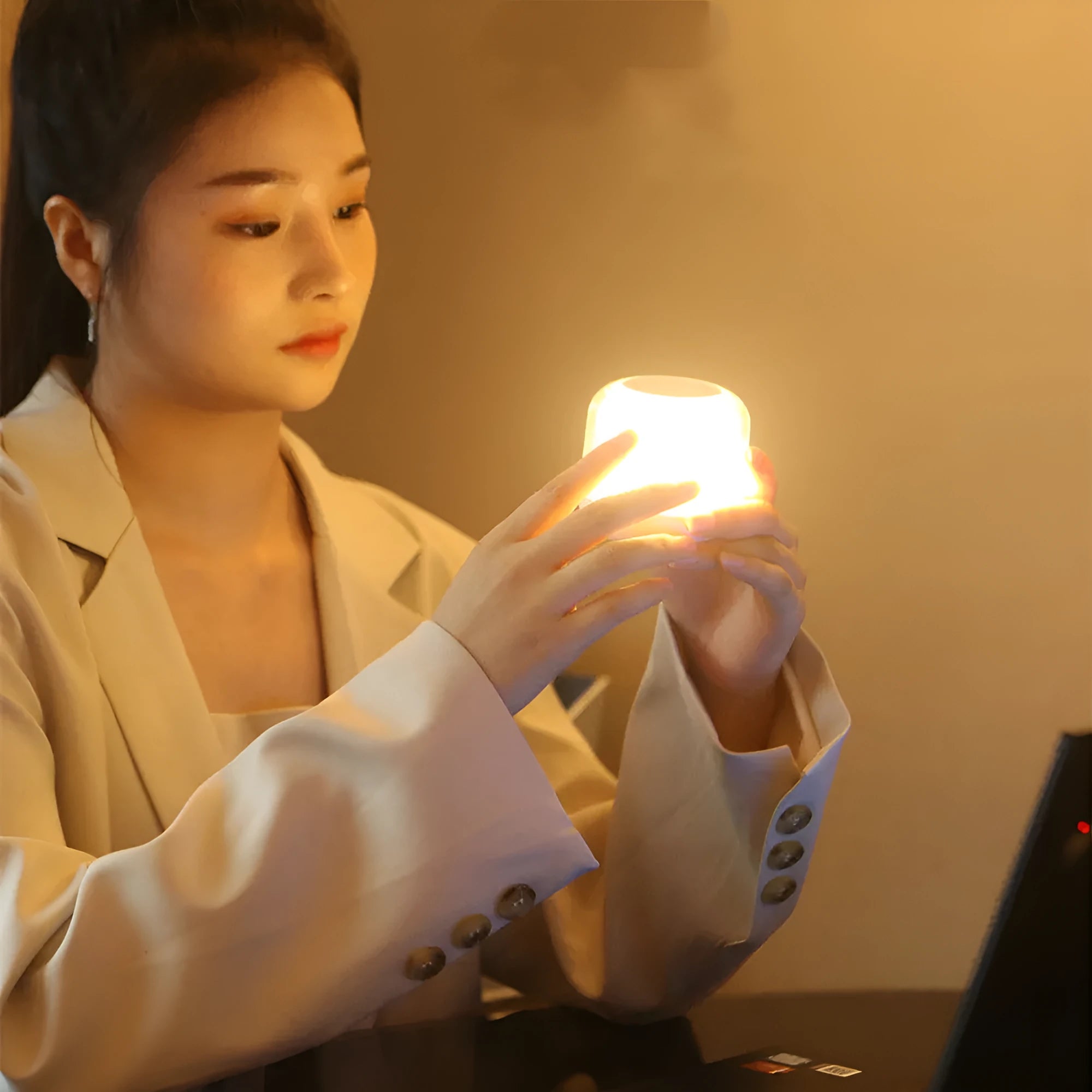 White fast charging wireless charger table lamp two-in-one with 15W max and 3000K night light on a desk