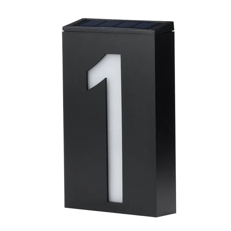 Solar powered house number light with white LEDs illuminating digit, IP65 waterproof outdoor design