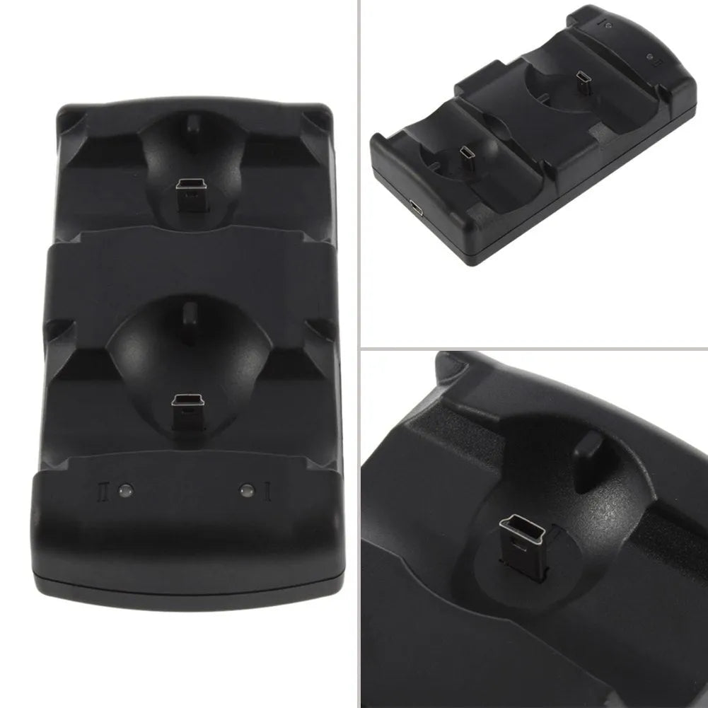 Black PS3 dual USB charging dock for two wireless controllers next to a PlayStation 3 console