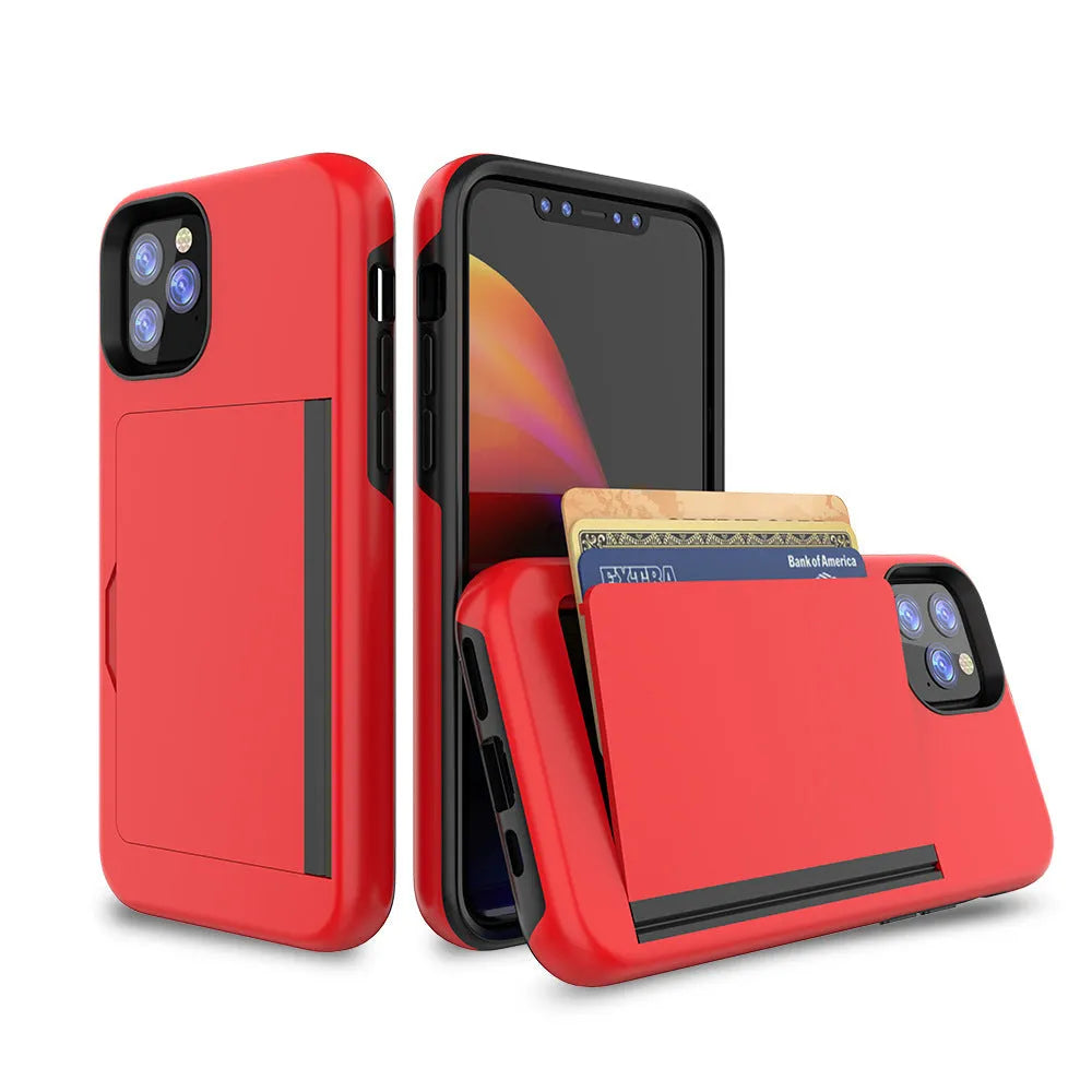 iPhone 11 protective case in TPU+PC material showing black, red, pink, dark blue, blue, and purple colour options