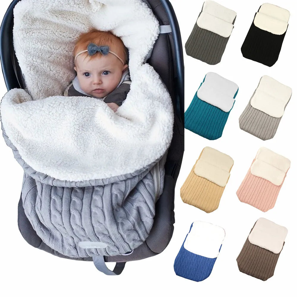Envelope-style baby stroller sleeping bag with thick filling for winter, shown in a choice of colours.