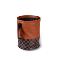 Leather retractable car trash can shown in folded and open states, with handle and waterproof construction.