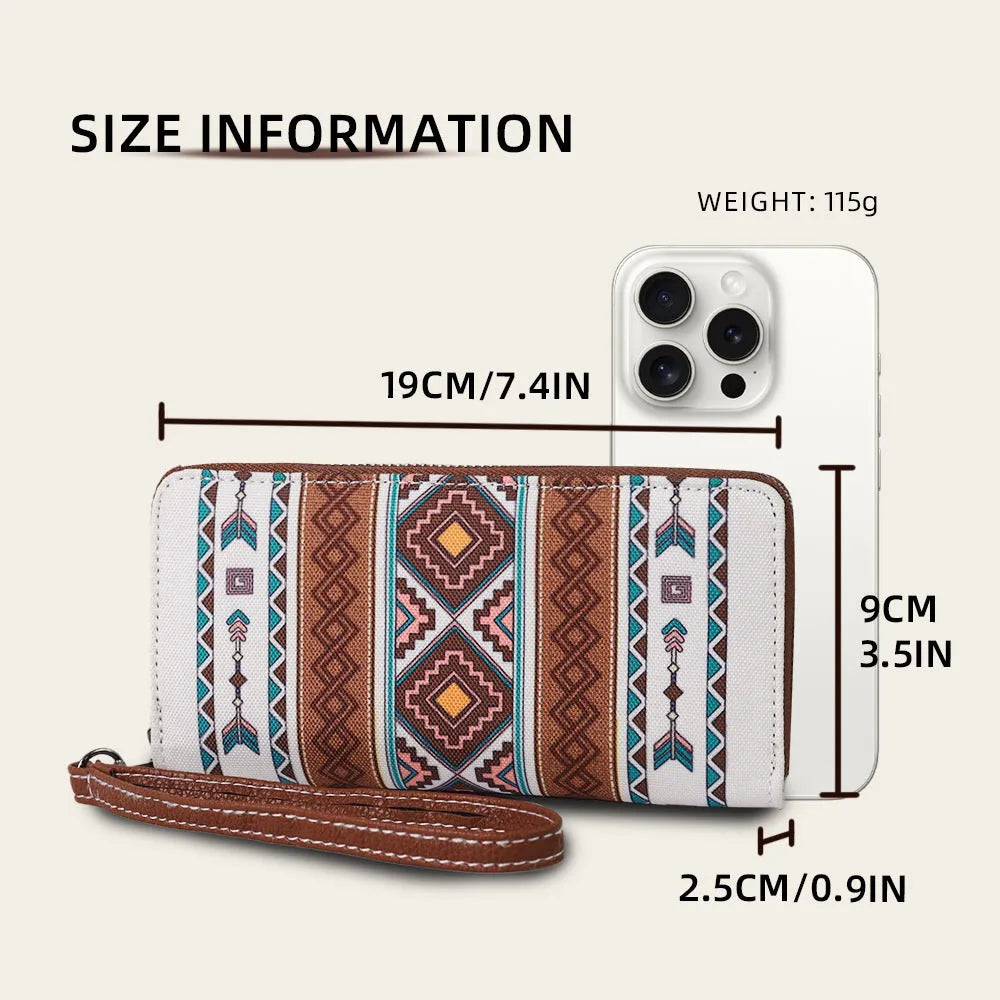 Bohemian striped canvas RFID wallet in beige colour showing card slots and wind belt design