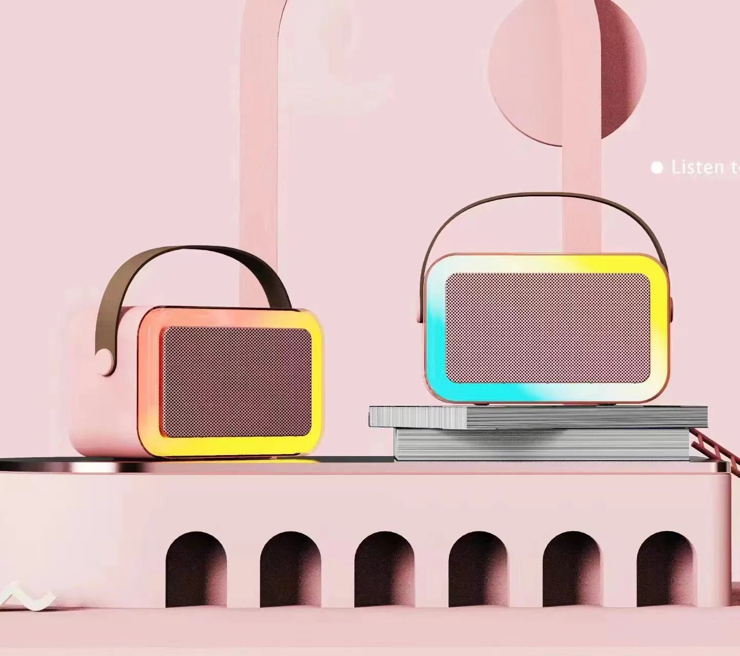 White, pink, or sky blue portable Bluetooth speaker with built-in karaoke microphone and coloured LED lights.