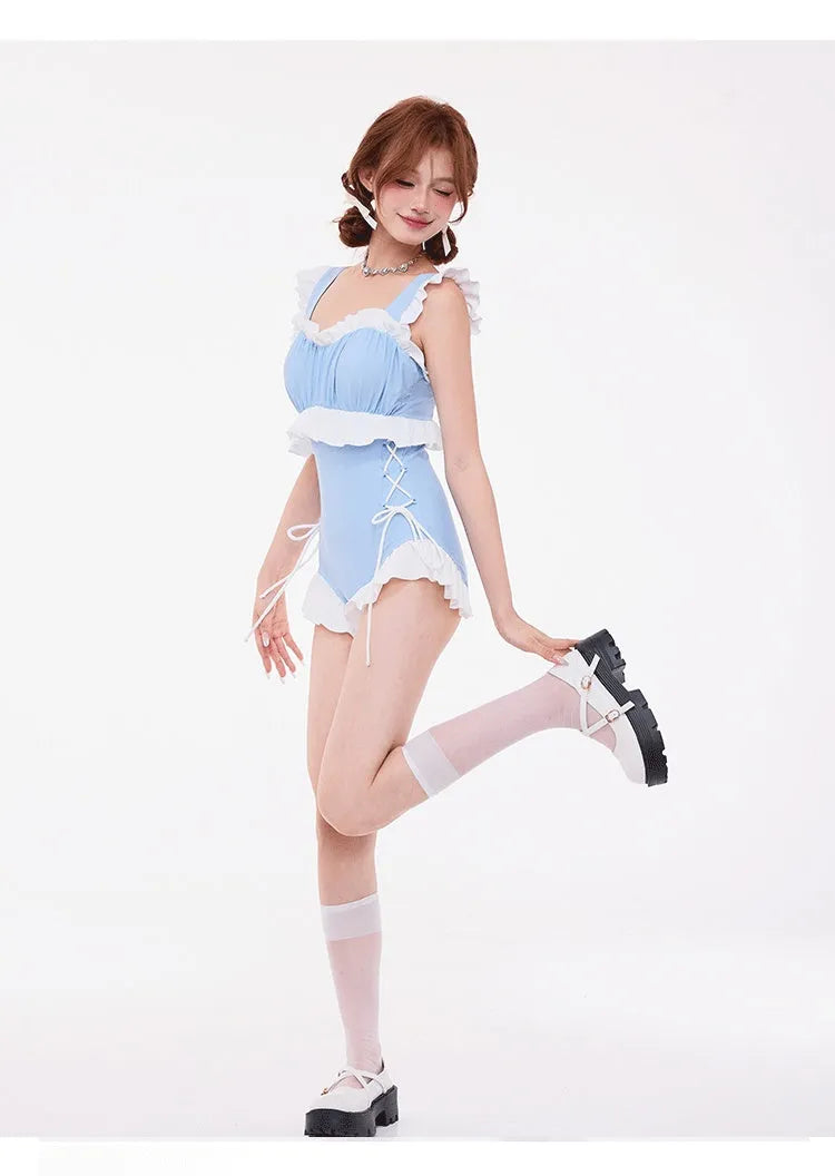 Light blue high waist backless one-piece swimsuit with gathering detail on the chest