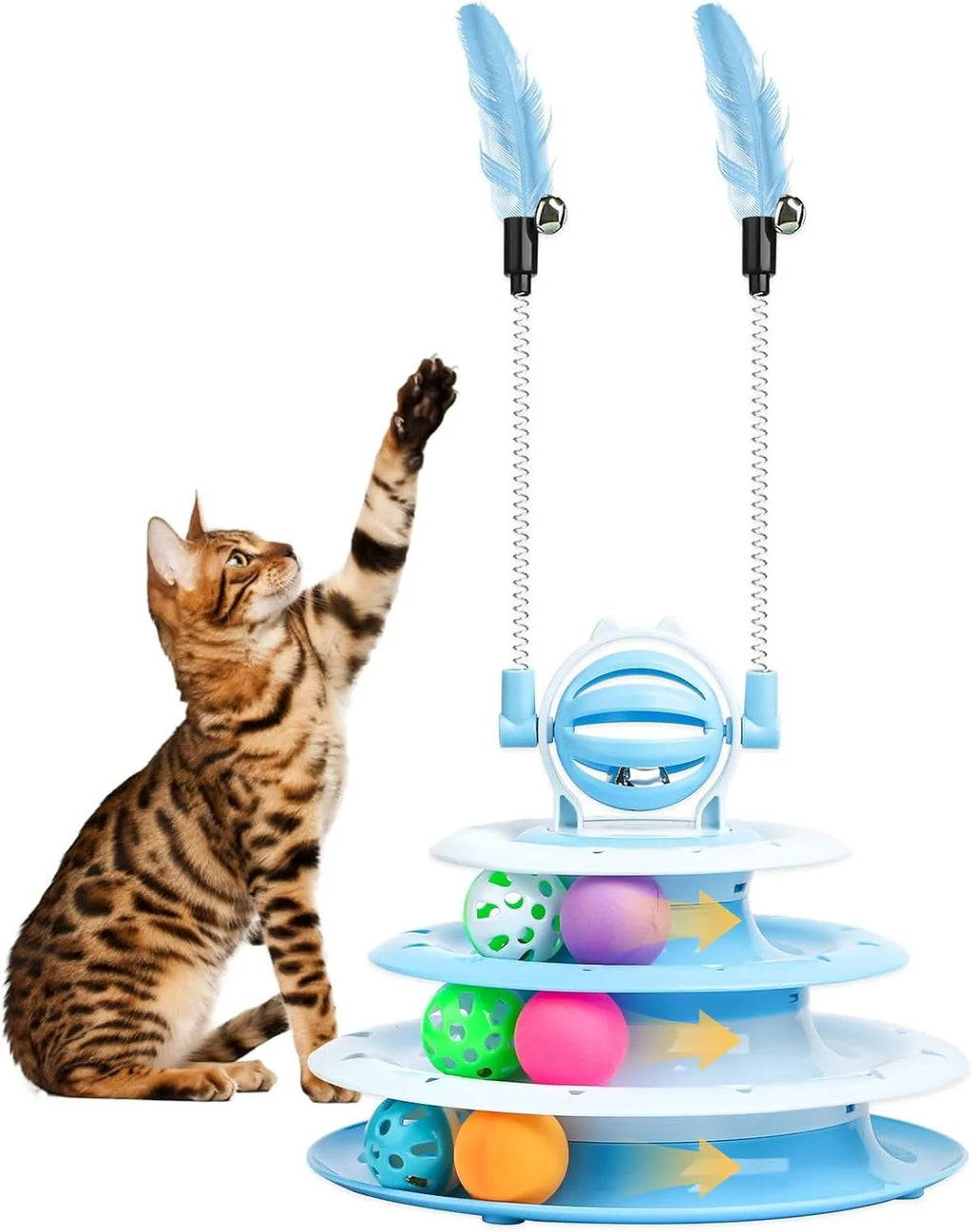 Interactive four-tier carousel cat toy with colourful balls and teasing rods on a non-slip base.