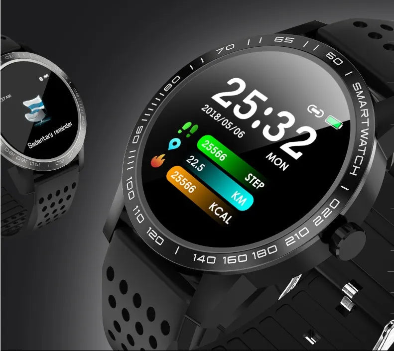 Black smart bracelet with colour screen displaying heart rate and step count data