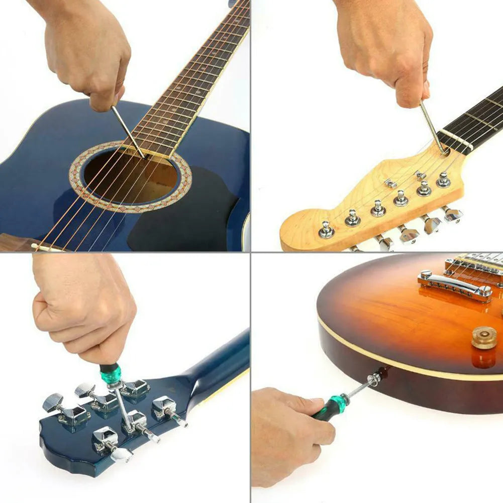 Black guitar repair tool kit open to show plastic and metal maintenance tools for guitar, bass, mandolin, banjo.