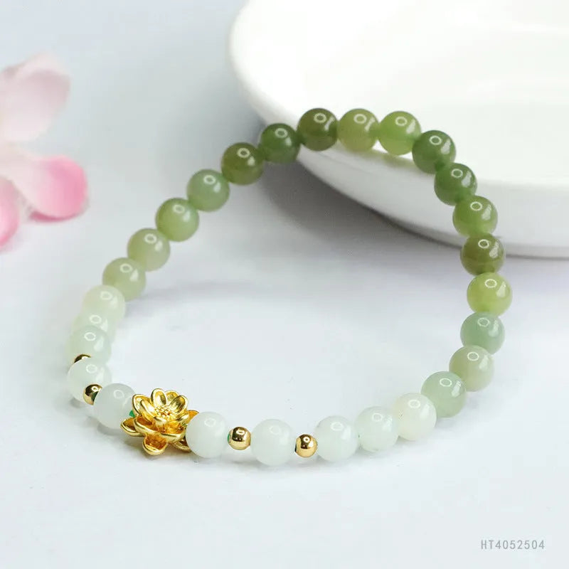 Hand-woven Hetian jade bracelet with clear water gradient colour and flower design