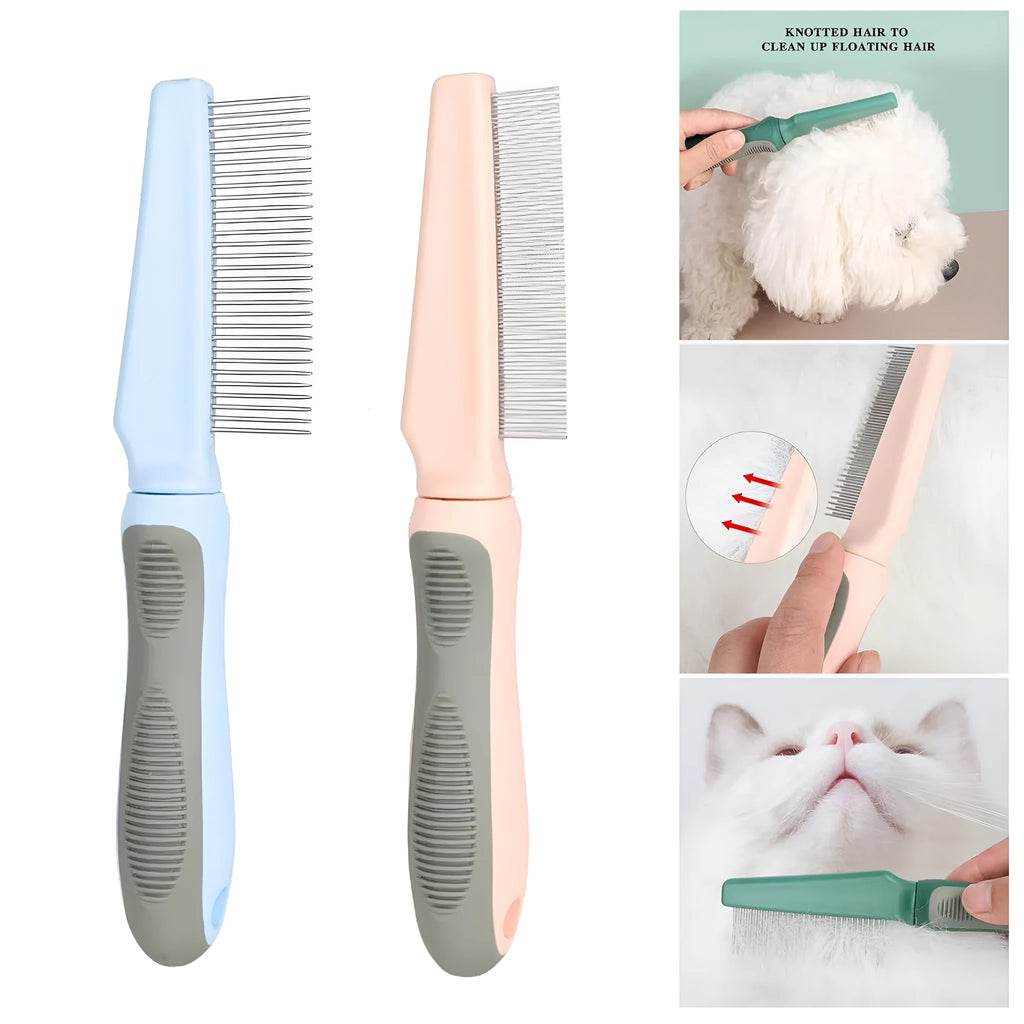Blue pet detangler comb with multiple needle types and a rubber handle for grooming dogs and cats