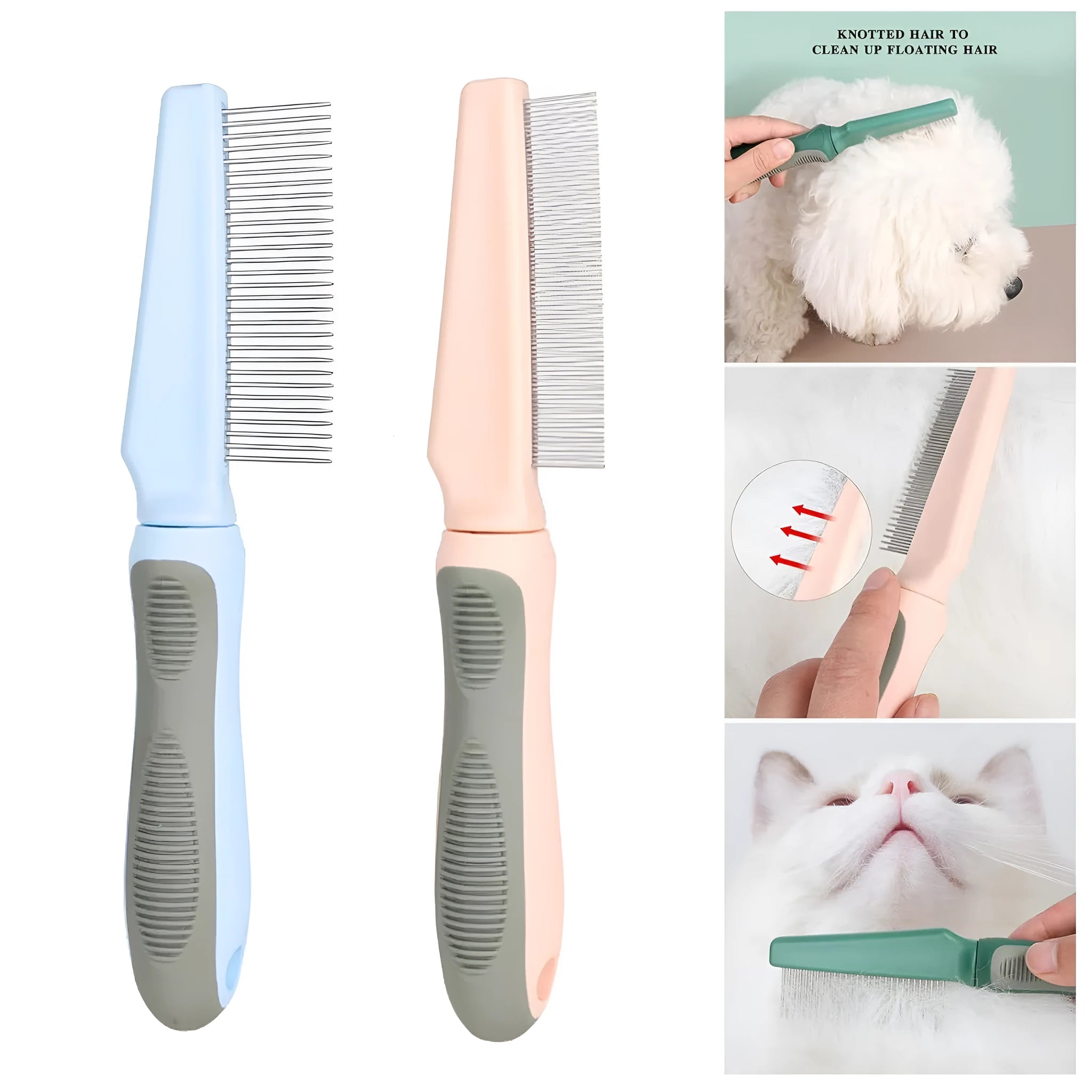 Blue pet detangler comb with multiple needle types and a rubber handle for grooming dogs and cats