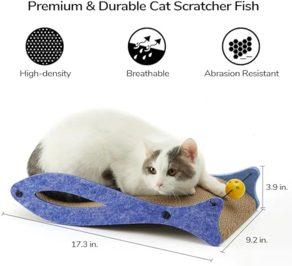 Blue fish-shaped cardboard cat scratcher with a wavy lounging area and a hanging bell ball toy.