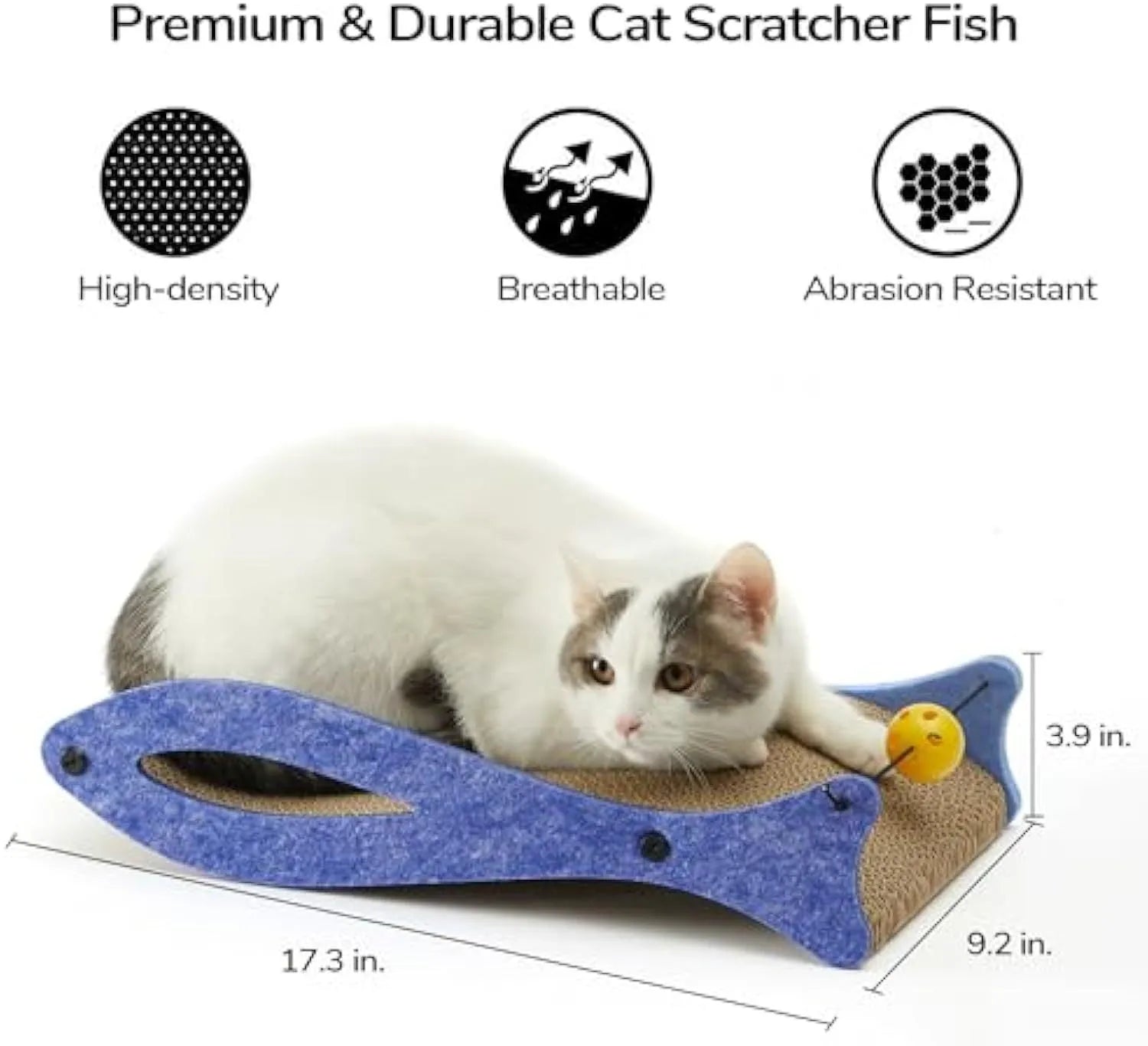 Blue fish-shaped cardboard cat scratcher with a wavy lounging area and a hanging bell ball toy.