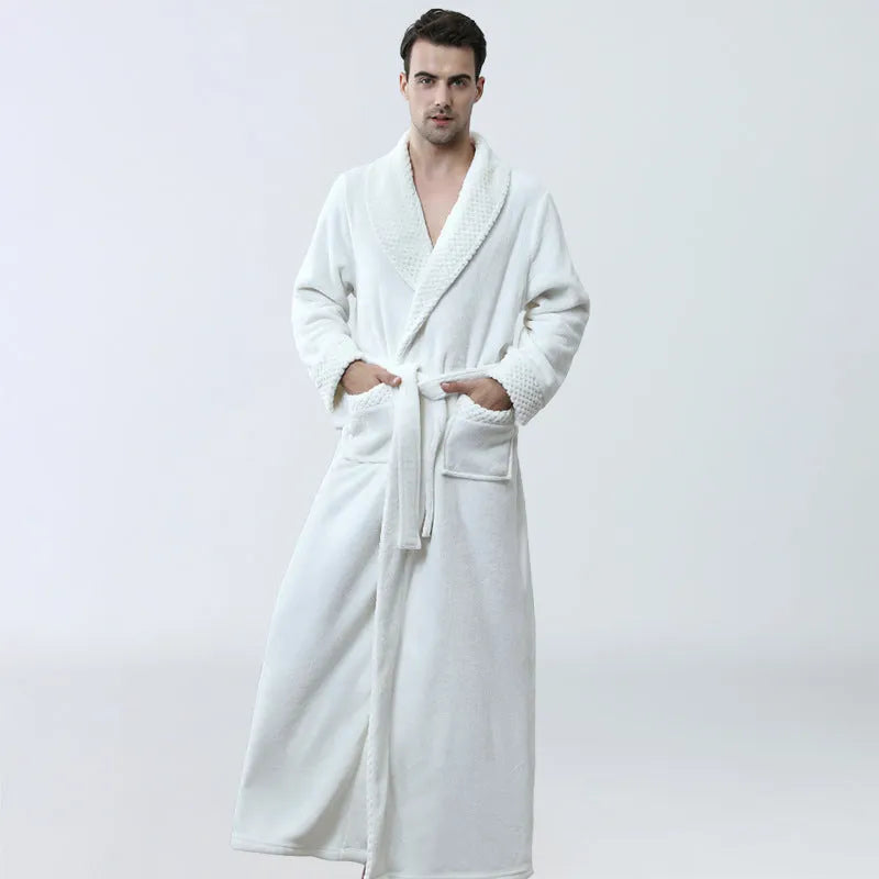 Men's winter coral fleece cardigan nightgown in gray, long sleeves, soft flannel knit for warm sleep