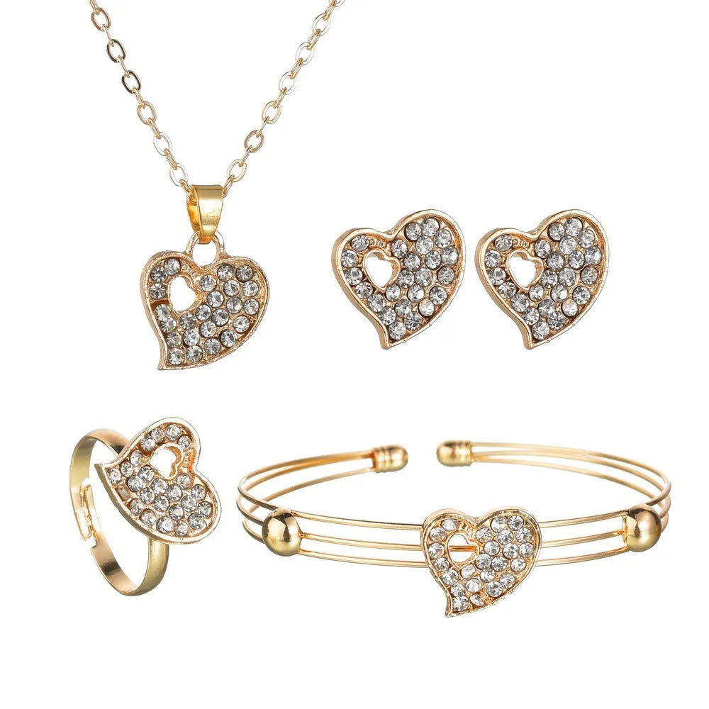 Gold electroplated alloy women's jewellery set with love pendant necklace, earrings and bracelet