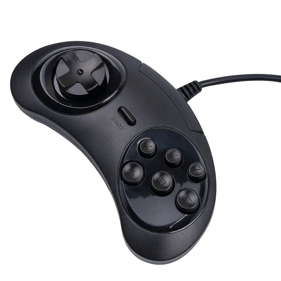 Black Sega USB PC game controller with long cable on a white background