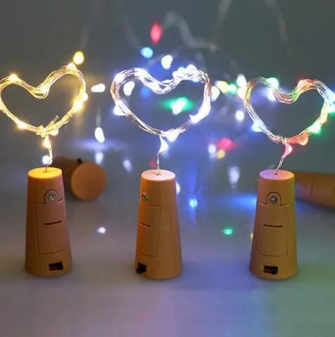 Wine bottle LED string lights with copper wire and bottle stopper for decorative illumination