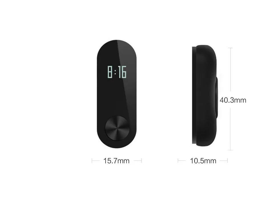 Xiaomi Mi Band 2 black fitness tracker on wrist showing OLED display