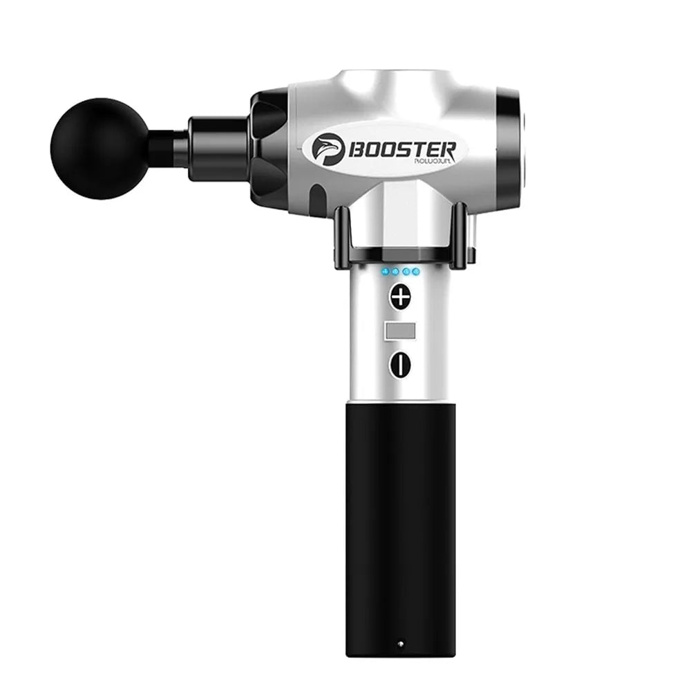 Black and white portable massage gun with adjustable speed control for muscle therapy