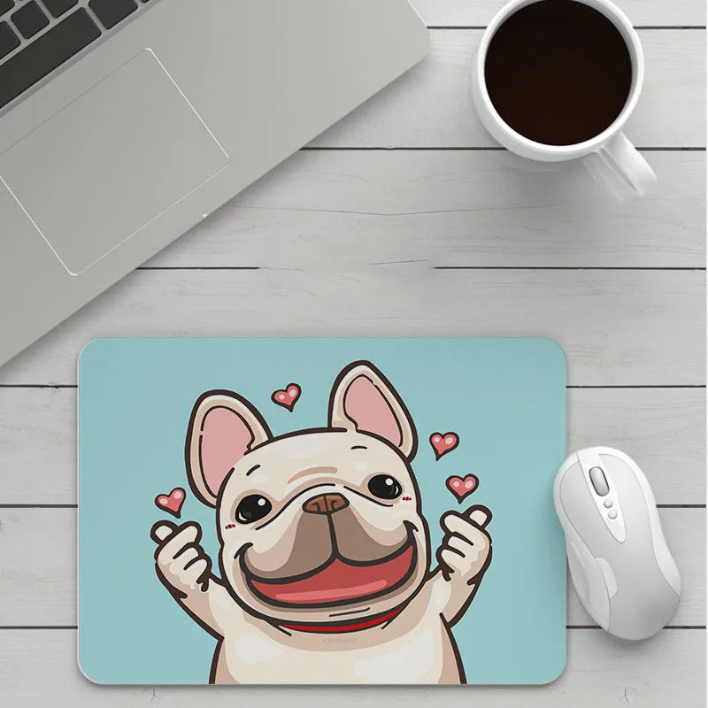 Custom cartoon mouse pad with thickening, showing example artwork on non-slip rubber and cloth base.