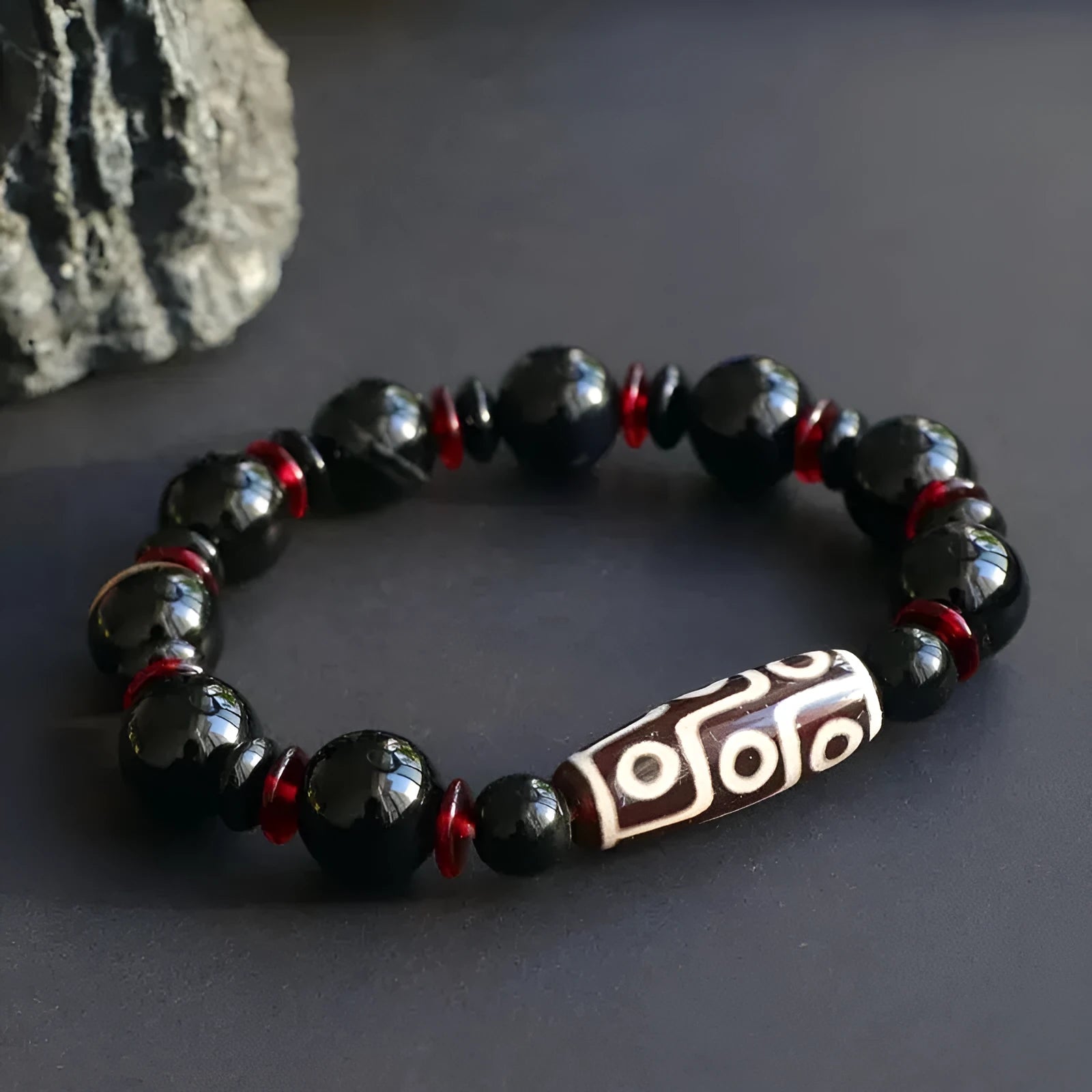 Hand-woven black agate Dzi bead bracelet with 11mm geometry-shaped chalcedony beads