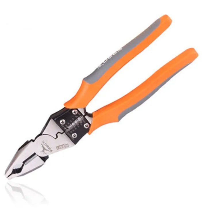 Orange-handled 9-inch multi-function wire cutter pliers with chrome steel head for cutting and stripping wire.