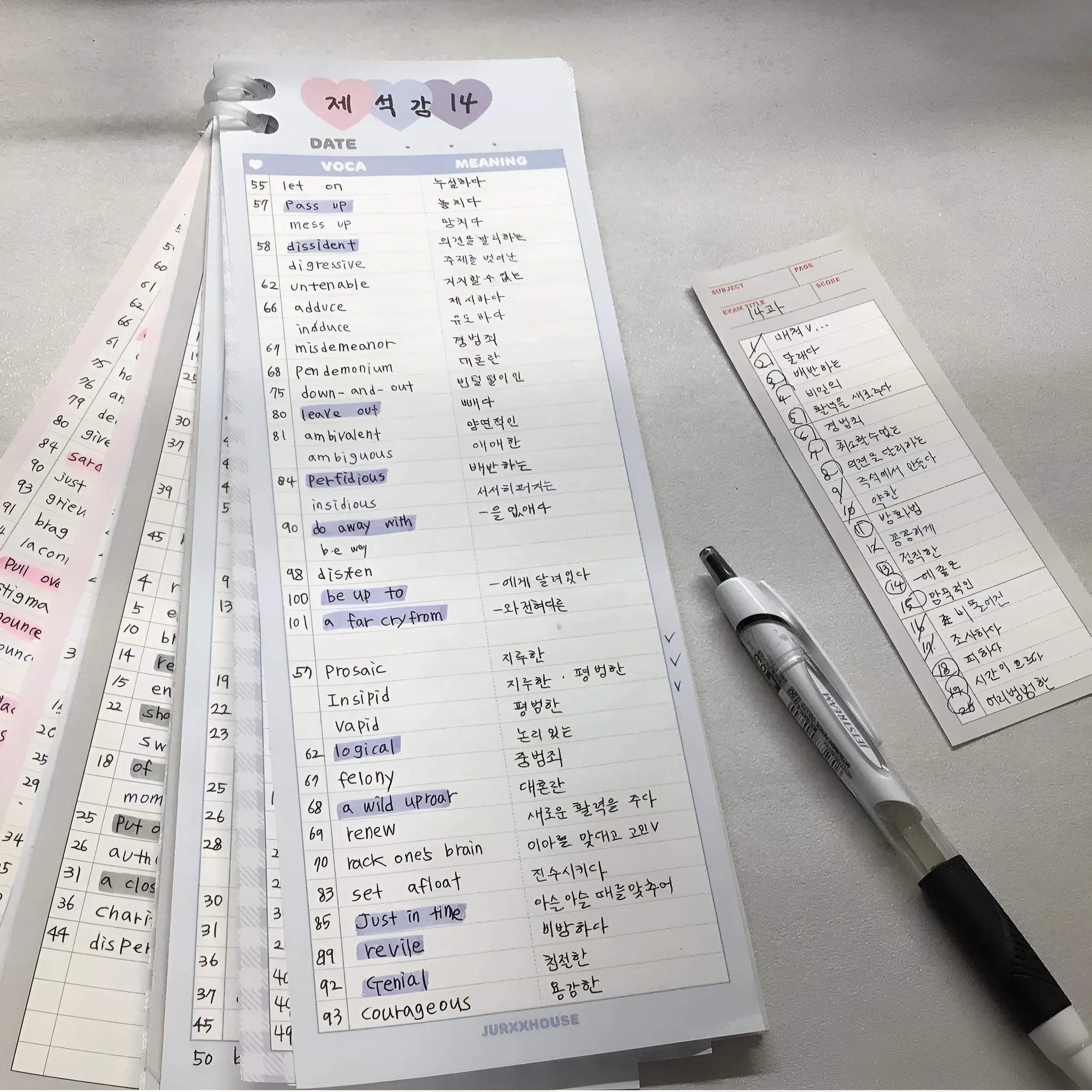 Vertical double-sided English words notepad in B5 half size with pink, purple and blue colour options