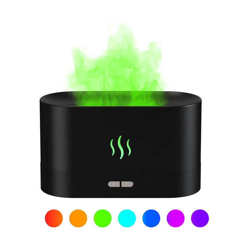 Square 180ml ultrasonic aroma diffuser with flame LED light in black, on a desk with visible mist
